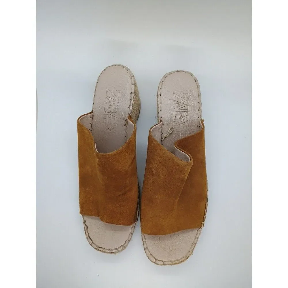 ZARA DESIGNER Sandals Womens Sz EU 38/8.5 Tan Suede Espadrilles Wedge Heels